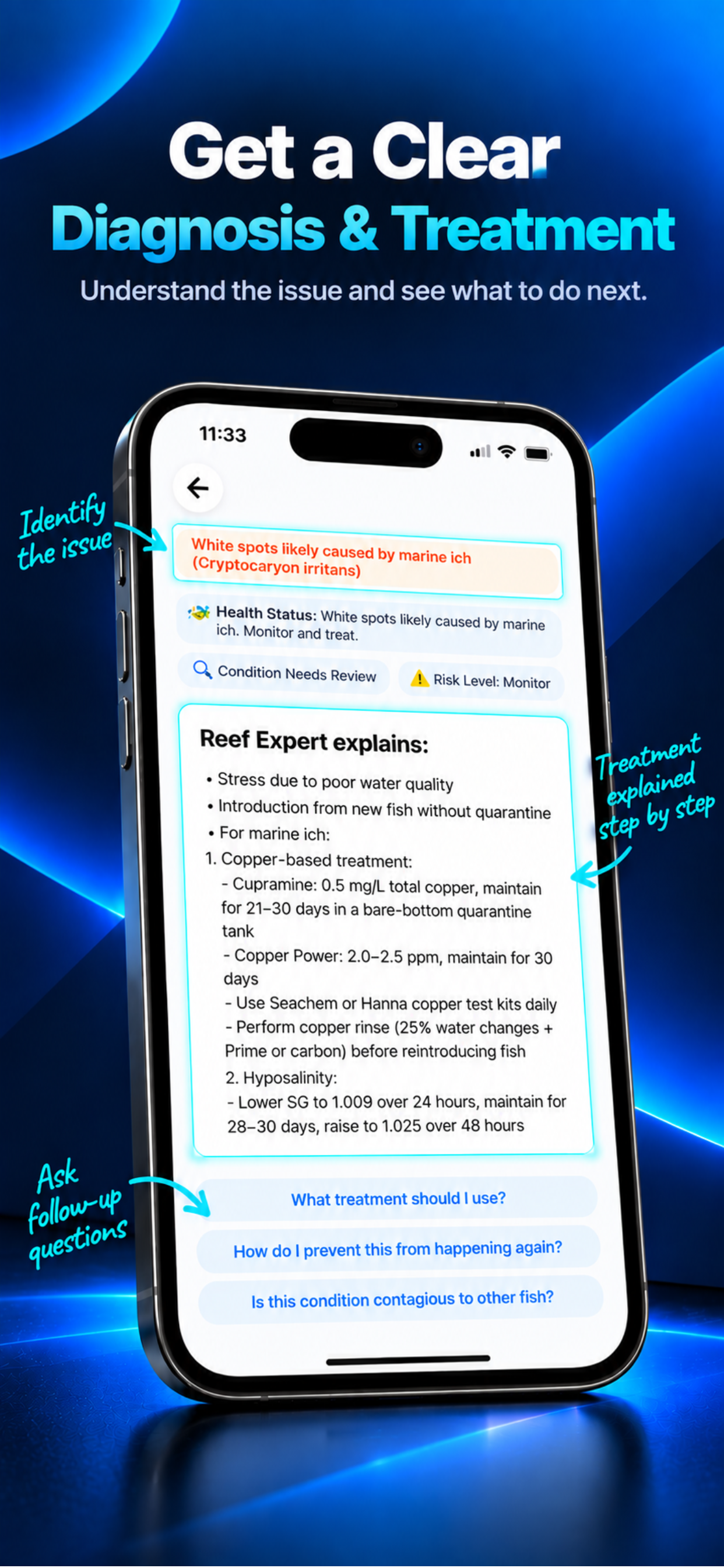 Reef Expert analysis screen with treatment guidance